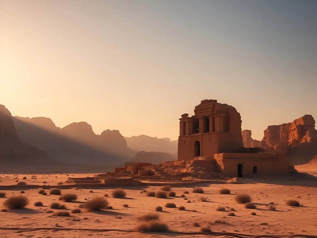 Antike Ruinen in der arabischen Wüste zur goldenen Stunde