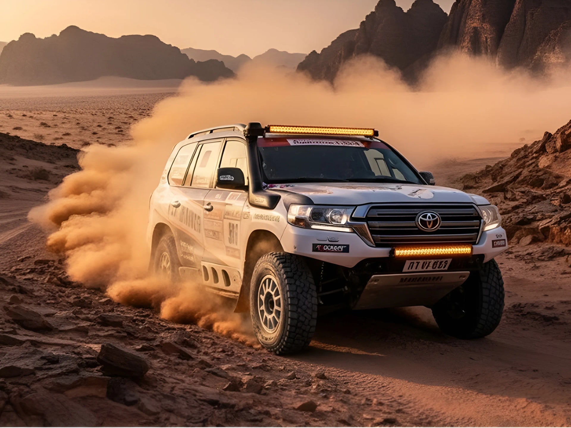 4x4-Fahrzeug wirbelt Staub über Sanddünen auf