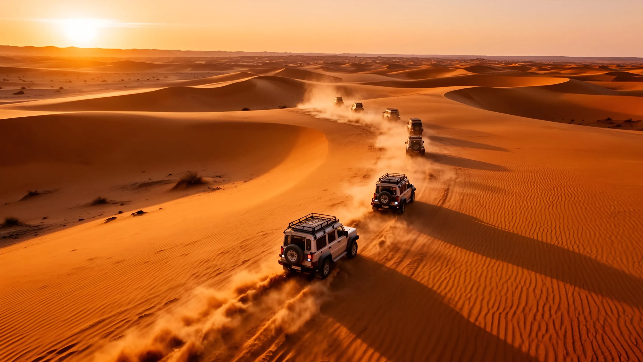 4x4-Fahrzeuge überqueren bei Sonnenuntergang Sanddünen in Saudi-Arabien